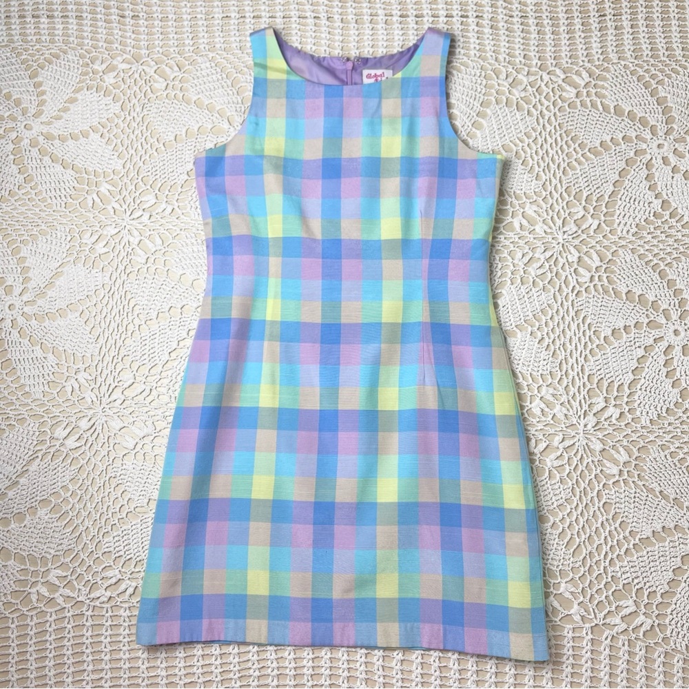 Vintage 1990s Global ID Girls M 10/12 Pastel Checkered Sleeveless Sheath Dress